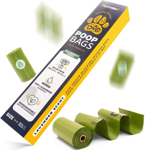 DogCrates+ Dog Poo Bags - 150 Leak Proof and Extra Thick Biodegradable Eco Poop Bags with Tie Handles, 15 Bags on a Roll, 10 Dispenser Refills, Strong Waste Bags, Lavender Scented