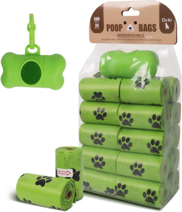 Doki Dog Poo Bags, 300 Counts Biodegradable Pet Waste Bags include 1 Adjustable Dispenser, 20 Rolls Thick Poop Waste Bag 100% Leak Proof Dog Poo Bags