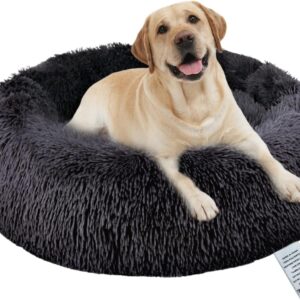 Donut Dog Bed Small Washable - Round Calming Pet Cuddler Relief Anti Anxiety - Plush Fluffy Cat Cushion Anti-Slip Bottom Orthopedic for Kitten - Soft Luxury Puppy Kennel Faux Fur Improved Sleep