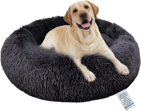 Donut Dog Bed Small Washable - Round Calming Pet Cuddler Relief Anti Anxiety - Plush Fluffy Cat Cushion Anti-Slip Bottom Orthopedic for Kitten - Soft Luxury Puppy Kennel Faux Fur Improved Sleep