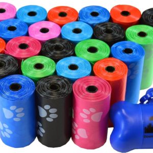 Downtown Pet Supply 180, 220, 500, 700, 880, 960, 2200 Dog Pet Waste Poop Bags, Bulk roll,Clean up Refills-(Green, Blue, Purple, Red, Black, Pink,Rainbow of Colors or Paw Print)+Free Bone Dispenser (500 Bags, Rainbow Paw)