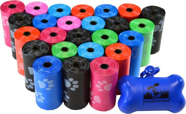 Downtown Pet Supply 180, 220, 500, 700, 880, 960, 2200 Dog Pet Waste Poop Bags, Bulk roll,Clean up Refills-(Green, Blue, Purple, Red, Black, Pink,Rainbow of Colors or Paw Print)+Free Bone Dispenser (500 Bags, Rainbow Paw)