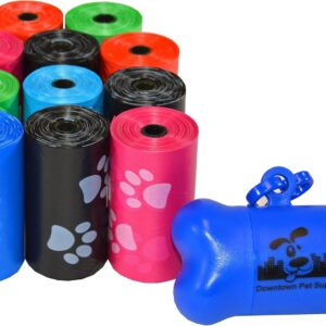 Downtown Pet Supply 220 Pet Waste Bags, Dog Waste Bags, Bulk Poop Bags on a roll, Clean up poop bag refills - (Color: Rainbow of Colors with Paw Prints) + FREE Bone Dispenser, by Pet Supply City LLC