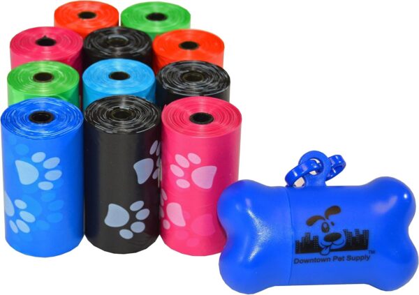 Downtown Pet Supply 220 Pet Waste Bags, Dog Waste Bags, Bulk Poop Bags on a roll, Clean up poop bag refills - (Color: Rainbow of Colors with Paw Prints) + FREE Bone Dispenser, by Pet Supply City LLC