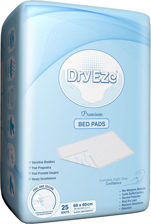 DryEze Super Absorbent Disposable Incontinence Bed Pads for Mattress Furniture Sofa Chair Protector Pet Training, Puppy Pad - High Absorbency Mats (60x60 cm (Pack of 25))