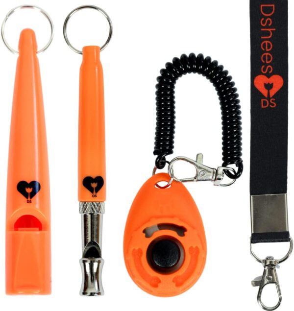 Dshees Dog Training Set is perfect combination of Two Dog Whistles For Recall With One Whistle Lanyard And One Dog Clicker. Dog Whistle To Stop Barking And Clickers For Dog Training, Puppy Training.