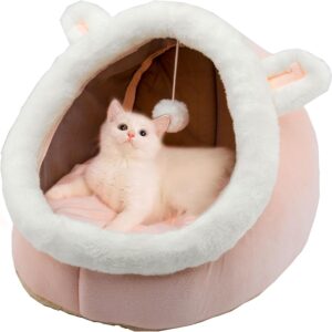 Dtopsun Cat Beds for Indoor with Anti-Slip Bottom, Rabbit-Shaped Small Dog Cave with Hanging toy, Kitten Tent House Removable Cotton Pad, Super Soft Calming Pet Sofa Mats for Puppy and Kitty