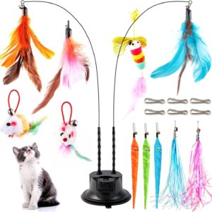 EASY JOY 14 Pcs Interactive Cat Toys, Cat Fishing Rod with Double Hole Suction Cup, 2 Cat Wands, 11 Interchangeable Toys,Cat Feather Toy