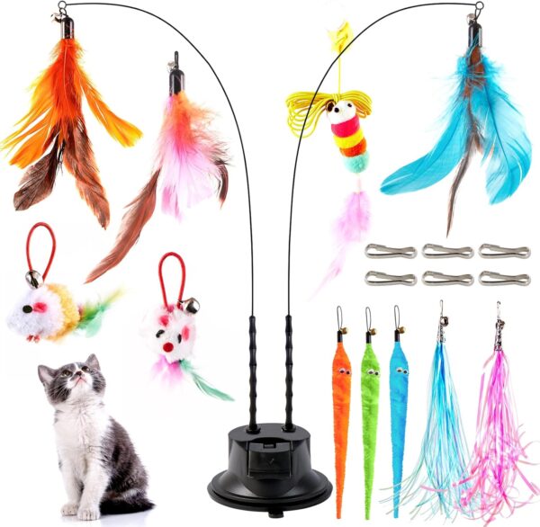 EASY JOY 14 Pcs Interactive Cat Toys, Cat Fishing Rod with Double Hole Suction Cup, 2 Cat Wands, 11 Interchangeable Toys,Cat Feather Toy