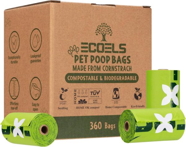 ECOELS Dog Poo Bags: 100% Compostable | Biodegradable Dog Poop Bags |Extra Large, Strong & Leakproof Poop Bags | Cornstarch-Made | Certified-OK COMPOST HOME, EN13432, ASTM BPI |360 Count Poo Bags Dogs