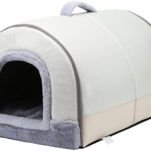 EMUST 2-in-1 Foldable Cat Bed for Indoor Cats, Cat Bed Cave with Carrying Handle & Removable Washable Cushion, Cat Igloo Beds for Kittens with Zips, Light Grey M