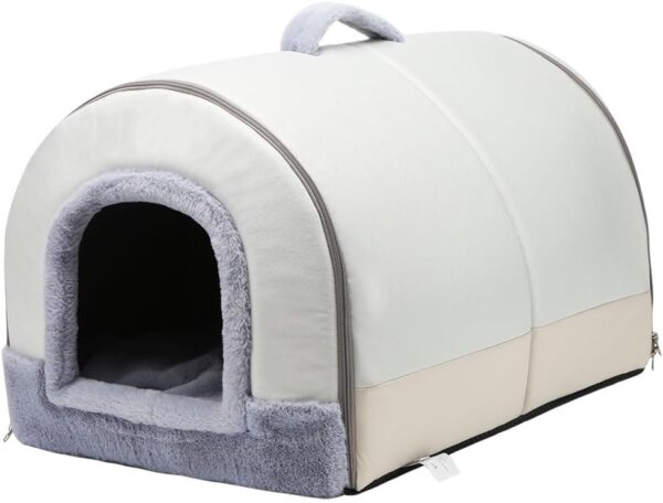 EMUST 2-in-1 Foldable Cat Bed for Indoor Cats, Cat Bed Cave with Carrying Handle & Removable Washable Cushion, Cat Igloo Beds for Kittens with Zips, Light Grey M