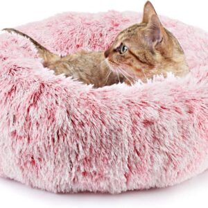 EMUST Cat Bed, 15.7" Fluffy Cat Beds for Indoor Cats, Donut Kitten Beds for Indoor Cats, Donut Small Cat Beds, Anti-Slip Marshmallow Dog Beds, Multiple Colors (40cm-15.7‘’, Rose Pink)