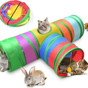 ERKOON 3-Way Rabbit Tunnel, Rabbit Cat Play Tunnel, 25cm Colorful Collapsible Cat Rabbit Pop-up Tunnel Tube with Funny Cat Pompon Maze House for Cat, Rabbit, Guinea Pigs, Hamster, Kitten, Puppy ect