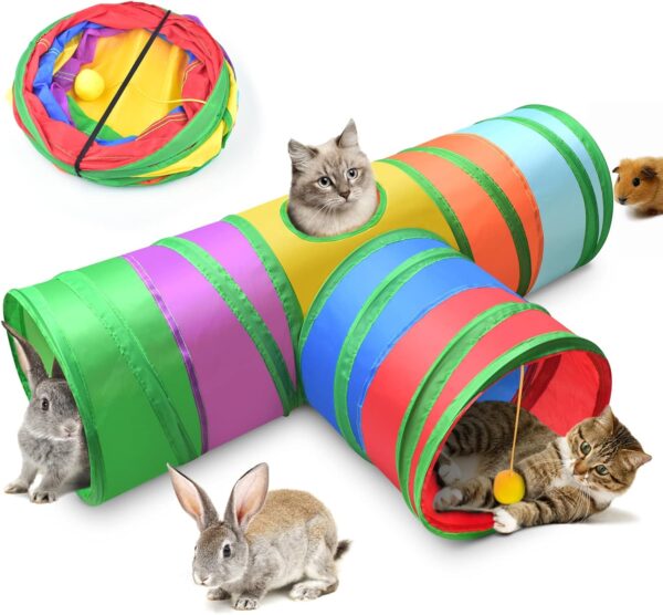 ERKOON 3-Way Rabbit Tunnel, Rabbit Cat Play Tunnel, 25cm Colorful Collapsible Cat Rabbit Pop-up Tunnel Tube with Funny Cat Pompon Maze House for Cat, Rabbit, Guinea Pigs, Hamster, Kitten, Puppy ect