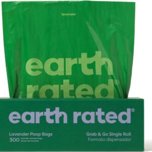 Earth Rated Dog Poo Bags, Thick Grab and Go Single Roll, Ideal for Backyard Pickups, Lavender Scented, 300 Bags