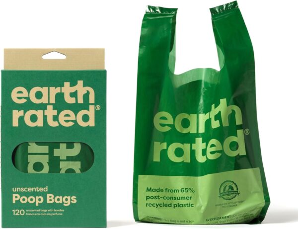 Earth Rated Dog Poo Bags with Handles, Easy Tie and Guaranteed Leakproof, Unscented, 120 Handle Bags