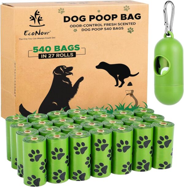 EcoNour Dog Poo Bags 540 Counts Biodegradable Poop Waste Bag with Odor-Masking Scent and Dispenser - 100% Leak Proof Convenient Dispensing, Durable & Generously Sized Dog Poop Bags for Pet Owners