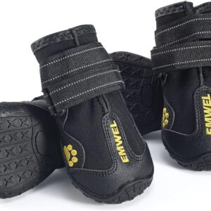 Emwel Dog Boots Size 3(2.36"x2.17") (WxL) Waterproof Boots for Dogs, Dog Booties with Anti-Slip Sole Reflective Straps, Outdoor Dog Shoes for Medium Large Dogs (Black 4PCS).