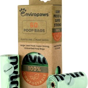 Enviropaws Biodegradable & Compostable Cat Poop Bags - 60 Dog & Cat Litter Bags (4 Rolls of 15 Bags) for Cat Waste - Leak Proof; Super Strong; Unscented; Extra Thick & Large Dog Poop Bags