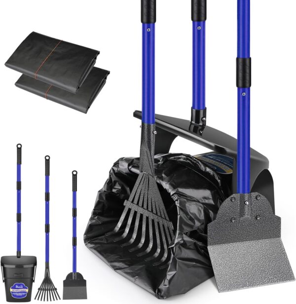 Eyein Dog Pooper Scooper - 37.4" Long Handle Adjustable Swivel Bin & Rake & Spade Kit with 20 Waste Bags - Portable Dog Pooper Scooper for Large Medium Small Pet Cat Dog Outdoor Yard Grass Gravel Lawn