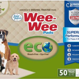 Four Paws Wee-Wee Superior Performance Eco Pee Pads for Dogs & Puppies for House Training, 6 Layer Leak Proof Technology, Bleach Free, Dye Free – Large, 56cm x 58cm (22" x 23"), (50 Count)