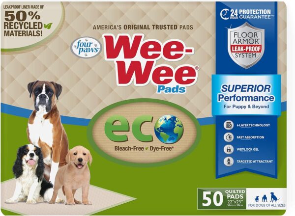 Four Paws Wee-Wee Superior Performance Eco Pee Pads for Dogs & Puppies for House Training, 6 Layer Leak Proof Technology, Bleach Free, Dye Free – Large, 56cm x 58cm (22" x 23"), (50 Count)