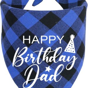 Funny Cute Cotton Blue Plaid Happy Birthday Dad Pet Dog Bandanas, Pet Birthday Party Decorations Supplies Dad Dog Birthday Triangle Bibs, Dog Lover Prop Pet Accessories Gift