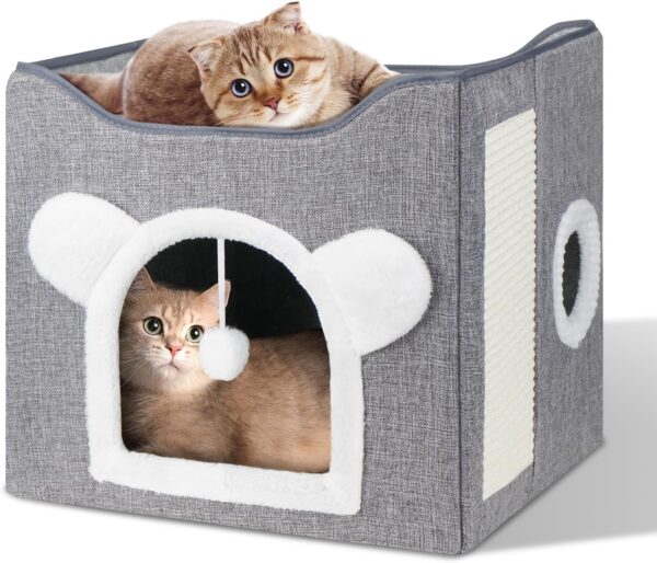 Furjoy Cat Beds, Large Cat Cave for Pet Cat House with Fluffy Ball Hanging and Scratch Pad, Cat Houses & Condos, Cat Cubes, Cat Hideaway, Covered Cat Bed for Multi Small Pet Large Kitty