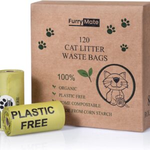 Furry Mate Biodegradable Cat Poop Bags | 120 Cat Litter Scoop Corn Starch Bags | Home Compostable 100% Plastic Free Cat Waste Disposal Bag Large Small Cat | Strong Thick Unscented Dog Eco Rolls