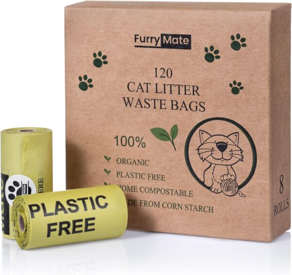 Furry Mate Biodegradable Cat Poop Bags | 120 Cat Litter Scoop Corn Starch Bags | Home Compostable 100% Plastic Free Cat Waste Disposal Bag Large Small Cat | Strong Thick Unscented Dog Eco Rolls