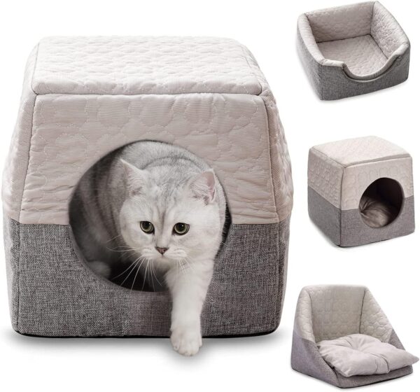 GIOPACO Cat Cosy Cube Lgloo Bed,37x37x35cm 3-in-1 Foldable Cat Dog Soft Sofa Cave Bed,Cool and Warm Tent Cave Microfiber Bed House with Washable Cushion Pillow for Cats Small Dogs Puppy Pets (Grey)