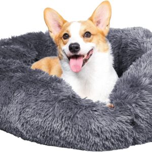 GONICVIN Donut Dog Bed, Fluffy Cat Bed, Calming Pet Bed, Cosy Anti Anxiety Beds with Machine Washable and Removable Cover, Anti-slip Bottom 50cm Dark Grey