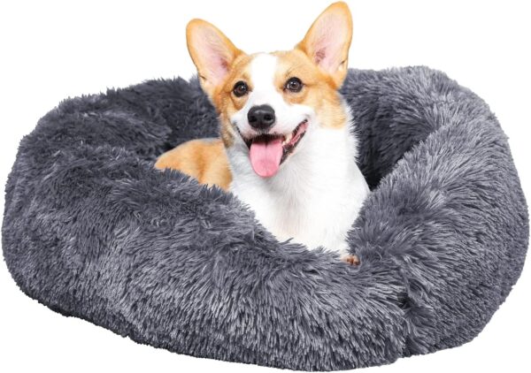 GONICVIN Donut Dog Bed, Fluffy Cat Bed, Calming Pet Bed, Cosy Anti Anxiety Beds with Machine Washable and Removable Cover, Anti-slip Bottom 50cm Dark Grey