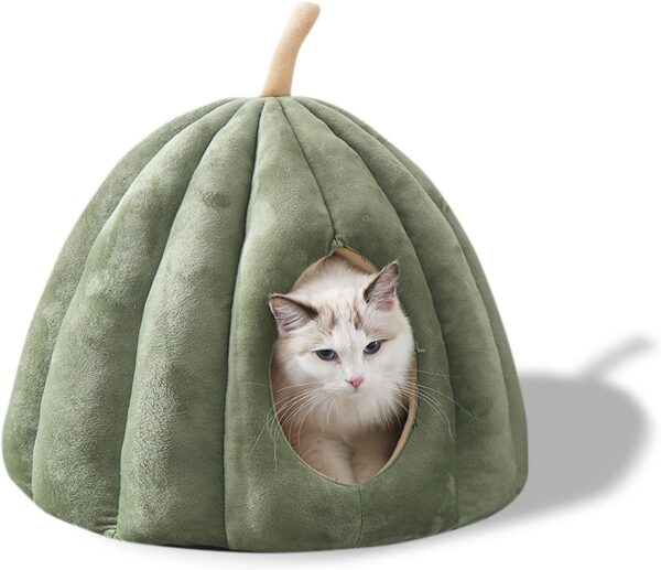 Galatée Pet Cave Bed, Cat Nest With Removable Washable Inner Cushion, Soft Bed For Kitten And Small Pet, Super Soft And Cosy Plush Cat Igloo Cave Bed（L, Green