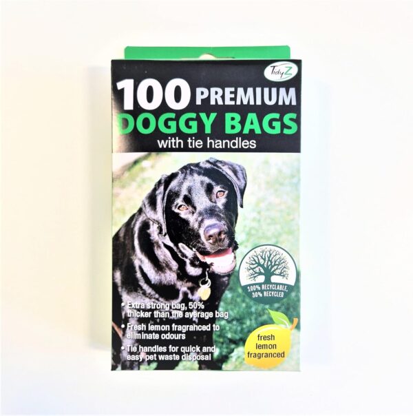 Generic Tidy 100 Premium Doggy Bags with Tie Handles Easy Pet Waste Disposal, Fresh Lemon Fragranced, Extra Strong Bag 50% Thicker (1)