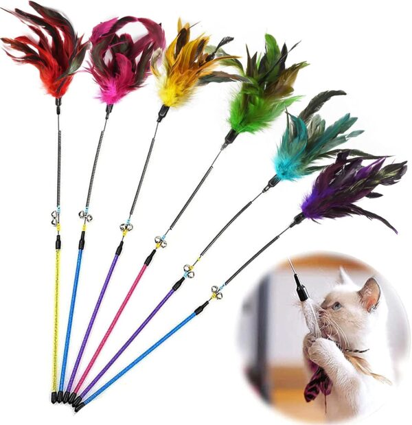 GingerUPer Cat Toy Feather Cat Toy Feather Wand Cat Pet Toy Wire Chaser Wand Teaser Feather With Bell,Cat Toys for Indoor Cats Kitten Interactive Training (6 Pack)