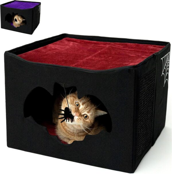 Gothic Cat Bed is for Indoor Cats or Pets, Foldable as Cat Halloween House, 17x17x12.8, with Bat Entry, Spider Toy, Scratch Pad, and Soft Cushion for Goth Cat, Gothic Cat House, Black and Red color