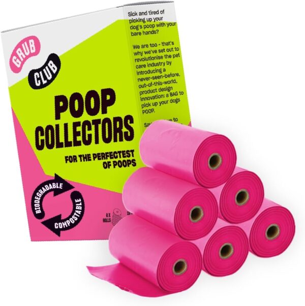 Grub Club Eco Dog Poo Bags - 6 Rolls, 90 Bags | Extra Thick & Strong, 100% Leak Proof Waste Bags for Dogs | Biodegradable & Compostable | Pink