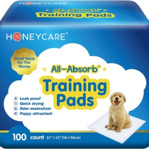 HONEY CARE All-Absorb, Large 22" x 23", 100 Count, Dog and Puppy Training Pads, Ultra Absorbent and Odor Eliminating, Leak-Proof 5-Layer Potty Training Pads with Quick-Dry Surface, Blue, A01