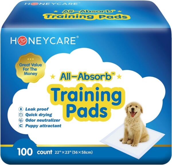 HONEY CARE All-Absorb, Large 22" x 23", 100 Count, Dog and Puppy Training Pads, Ultra Absorbent and Odor Eliminating, Leak-Proof 5-Layer Potty Training Pads with Quick-Dry Surface, Blue, A01