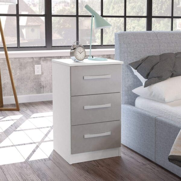 Happy Beds Lynx 3 Drawer Bedside Table MDP Wooden Bedroom Furniture Storage White and Grey