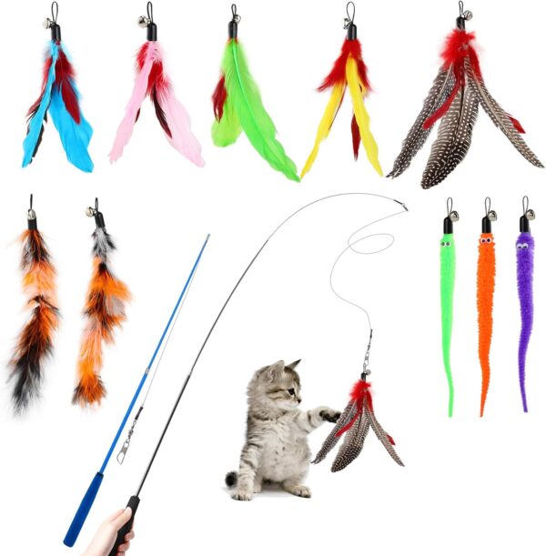 Hianjoo Cat Feather Teaser Set 12 pcs, Interactive Toys for Cats 2 Retractable Cat Wand Funny Sticks and 10 Replacement Feather Toys with Bell for Kitten Cat Catcher Having Fun Exercise Playing