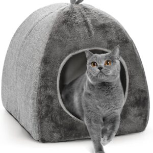 Hiceeden Foldable Cat Bed for Indoor Cats, 2 in 1 Cat House with Removable Cushioned Pillow, Washable Cat Cave Cat Tent with Anti-Slip Bottom, Soft and Self Warming Kitten Small Dog Pet Bed, Gray