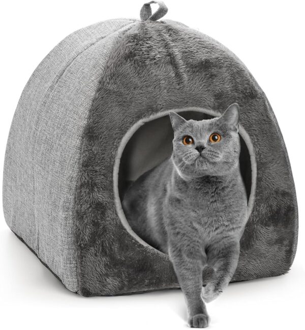 Hiceeden Foldable Cat Bed for Indoor Cats, 2 in 1 Cat House with Removable Cushioned Pillow, Washable Cat Cave Cat Tent with Anti-Slip Bottom, Soft and Self Warming Kitten Small Dog Pet Bed, Gray