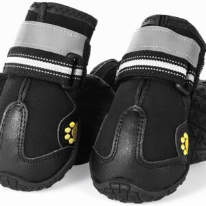 HonGien 4Pcs Pet Waterproof Shoes, Black Dog Boots Shoes for Medium and Large Dogs, Boots Paw Protectors for Dogs with Strong Non-Slip Soles and Reflective Strips (5#)