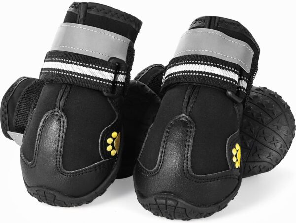 HonGien 4Pcs Pet Waterproof Shoes, Black Dog Boots Shoes for Medium and Large Dogs, Boots Paw Protectors for Dogs with Strong Non-Slip Soles and Reflective Strips (5#)