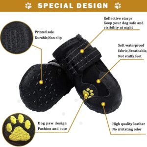 HuaTek Dog Shoes, Dog Boots, Waterproof Dog Boots, Dog Outdoor Shoes for Medium to Large Dogs with Two Reflective Fastening Straps and Rugged Anti-Slip Sole (Black 4PCS).