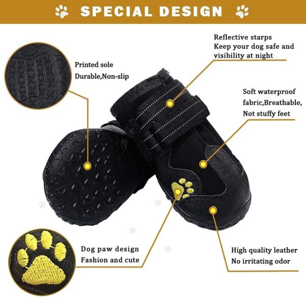 HuaTek Dog Shoes, Dog Boots, Waterproof Dog Boots, Dog Outdoor Shoes for Medium to Large Dogs with Two Reflective Fastening Straps and Rugged Anti-Slip Sole (Black 4PCS).