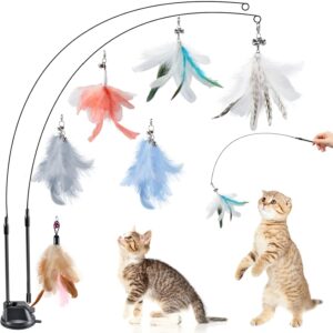 Hysagtek Cat Feather Toys, 9Pcs Interactive Kitten Toys Kits, Bird Feather Pet Teaser Wand for Indoor Cats, 6 Feather Refills and 2 Retractable Cat Teaser Wand with 1 Super Suction Cup